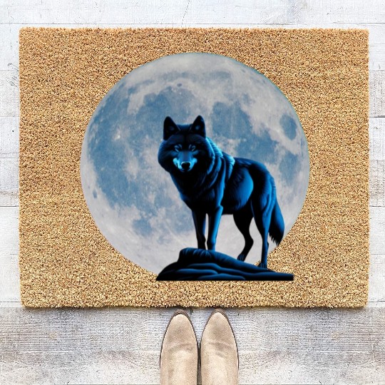 Wolf howling at the moon graphic Coir Doormats