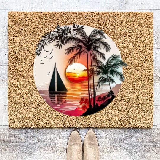 Beach Sunset Sailboat Palm Trees Ocean Vacation 4 Coir Doormats