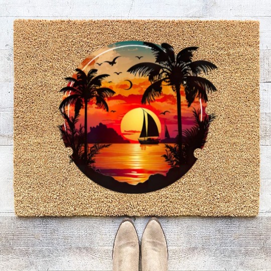 Beach Sunset Sailboat Palm Trees Ocean Vacation Coir Doormats