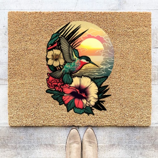 Hummingbird flies over hibiscus flower Tropical Coir Doormats