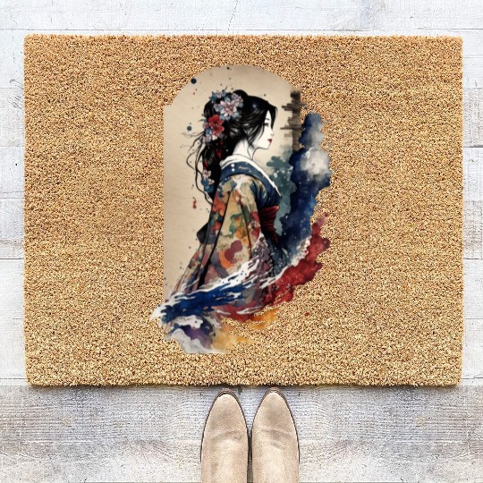 Geisha Watercolor Sea Waves Asian Art Woman Coir Doormats