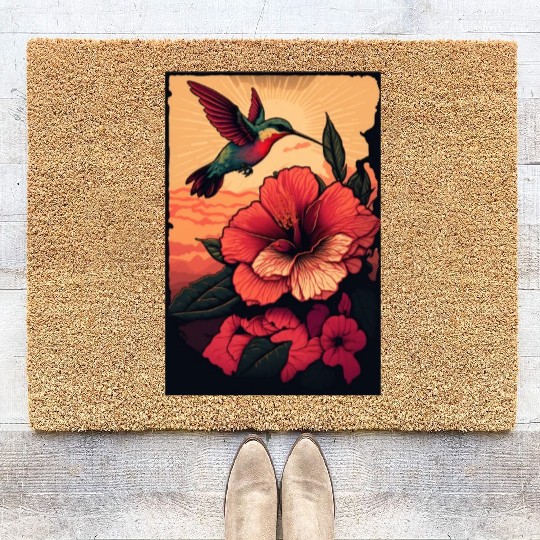 Hummingbird flies over hibiscus flower Tropical Coir Doormats