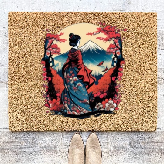 Mount Fuji Fujisan Fujiyama Floral Geisha Coir Doormats