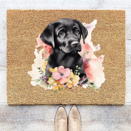 Black Lab Dog Watercolor Floral Coir Doormats