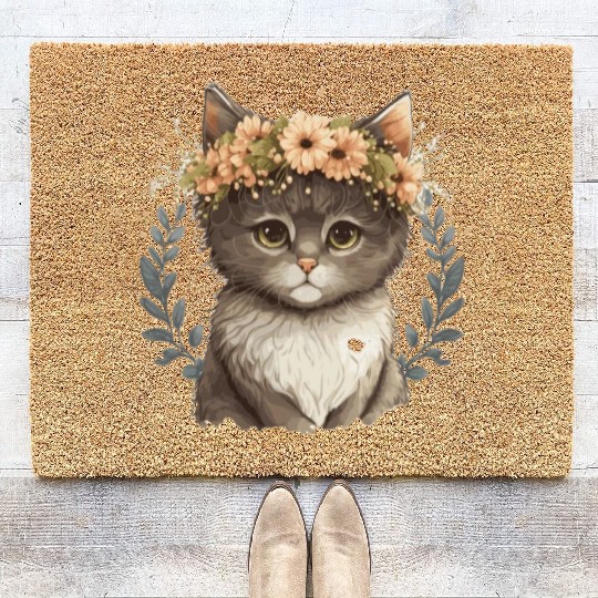 Cute Baby Cat Flower Crown Pet Kitten Floral Farm Coir Doormats