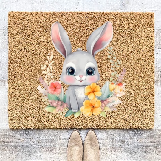 Grey Bunny Rabbit Watercolor Floral Coir Doormats
