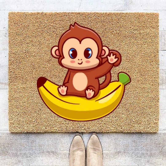 Cute Monkey Sitting On Banana Cartoon Coir Doormats