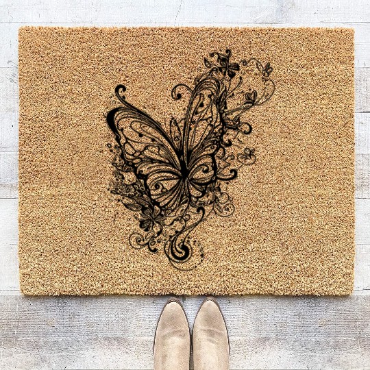 Pretty Vintage Tattoo Lines Style Butterfly Coir Doormats