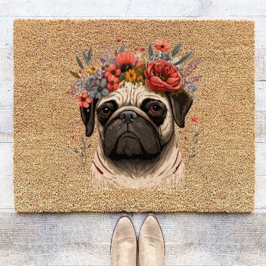 Cute Pug Flower Crown Pet Dog Breed Floral Puppy Coir Doormats