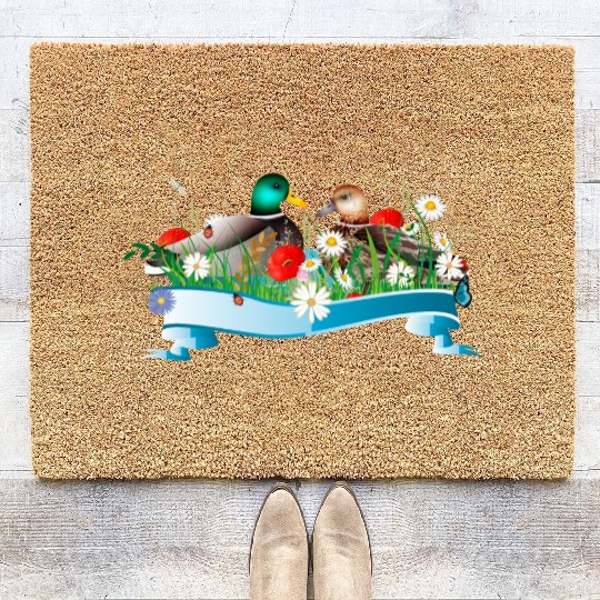 Pair of ducks in a lake with a spring-like shore Coir Doormats