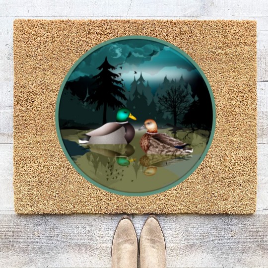 Duck couple in the duck pond at night & moonlight Coir Doormats