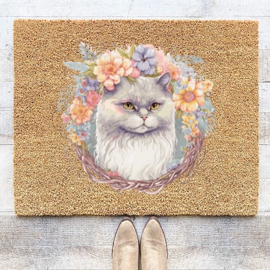 Cute Persian Cat Flower Crown Cats Pet Kitten Coir Doormats