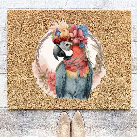 Colorful Parrot Watercolor Macaw Bird Flower Crown Coir Doormats