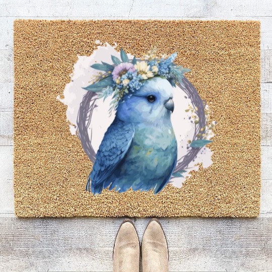 Cute Watercolor Parakeet Budgie Bird Flower Crown Coir Doormats