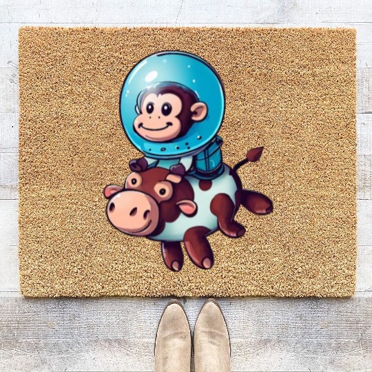 Monkey on Cow Rocket Schuttle Astronaut Cosmonaut Coir Doormats