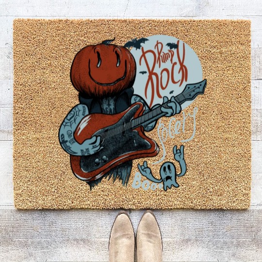 Pump Rock Society Halloween Pumpkin Playing Guitar Coir Doormats