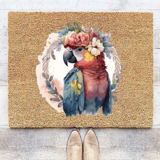 Watercolor Parrot Macaw Bird Flower Crown Pet Bird Coir Doormats