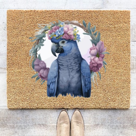Watercolor Hyacinth Macaw Parrot Bird Flower Crown Coir Doormats