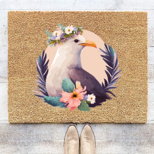 Cute Seagull Bird Flower Crown Floral Birds Coir Doormats