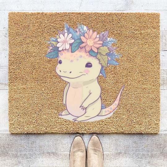 Cute Axolotl Amphibian Flower Crown Watercolor Ani Coir Doormats