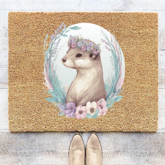 Cute Watercolor Otter Flower Crown Floral Boho Ani Coir Doormats