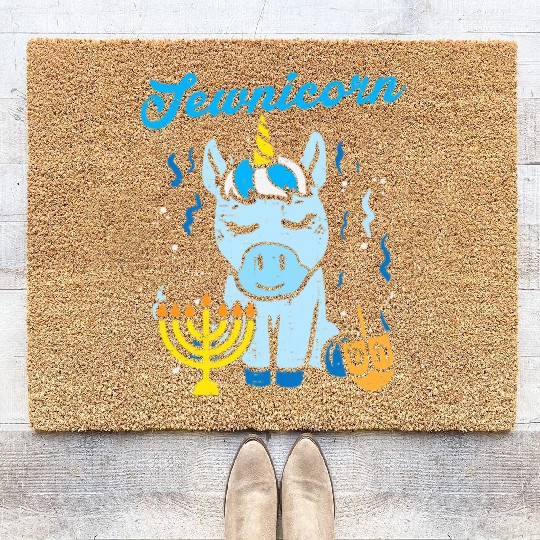 Jewnicorn Jew Unicorn Cute Hanukkah Pajamas Coir Doormats