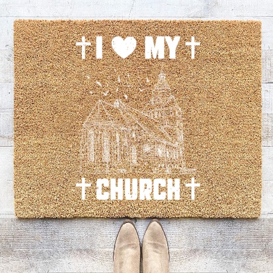 I Love My Church Funny Religious Guy Girl Church Coir Doormats