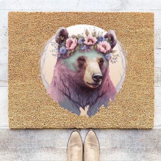 Cute Watercolor Grizzly Bear Flower Crown Floral A Coir Doormats