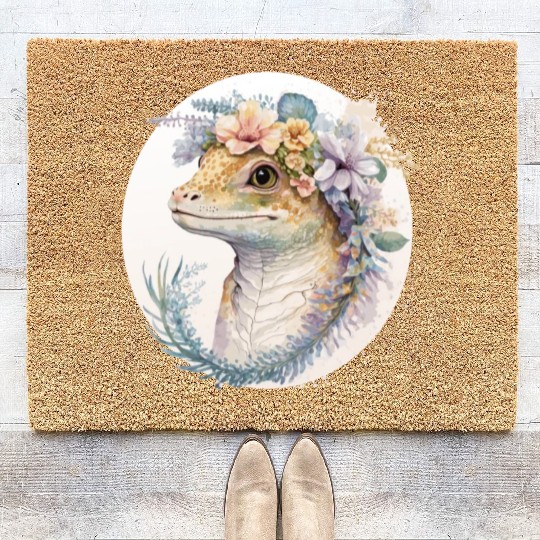 Watercolor Gecko Reptile Flower Crown Floral Amphi Coir Doormats