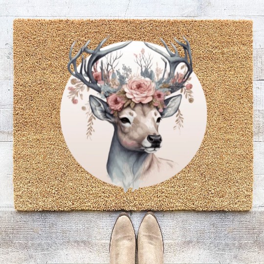 Cute Watercolor Deer Flower Crown Animal Lovers Coir Doormats
