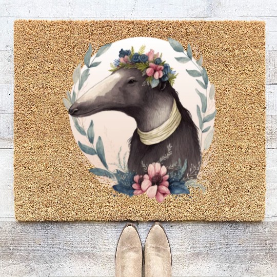 Watercolor Anteater Flower Crown Floral Anteaters Coir Doormats