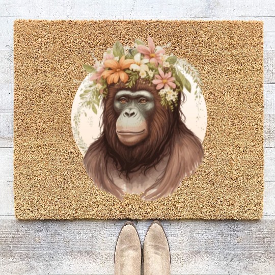Cute Watercolor Orangutan Flower Crown Floral Coir Doormats