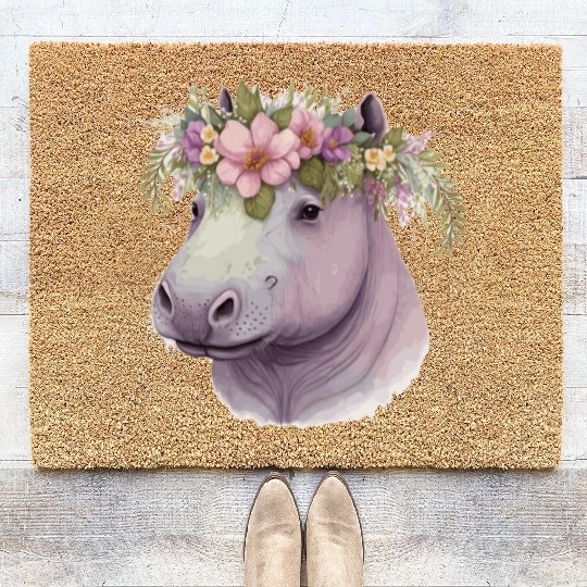 Watercolor Hippotamus Flower Crown Floral Pastel A Coir Doormats