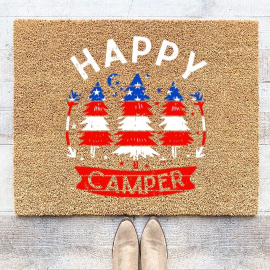 Happy Camper US Flag Patriotic 4th Of July Coir Doormats