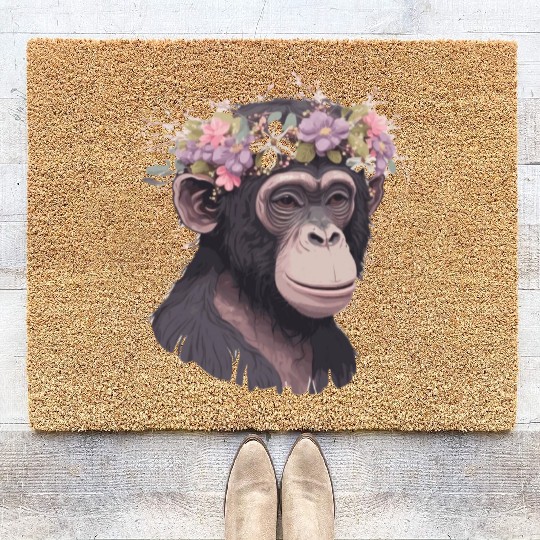 Cute Chimp Chimpanzee Flower Crown Floral Ape Monk Coir Doormats