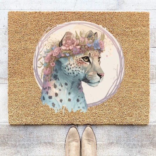 Cute Cheetah Flower Crown Floral Watercolor Animal Coir Doormats