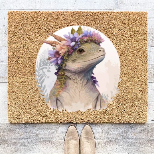 Watercolor Lizard Flower Crown Floral Reptile Love Coir Doormats