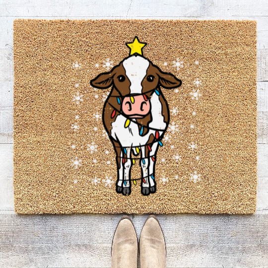 Cow Christmas Lights Funny Xmas Farm Farmer Men Coir Doormats
