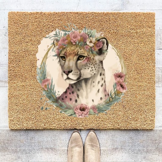Cute Watercolor Cheetah Flower Crown Safari Animal Coir Doormats