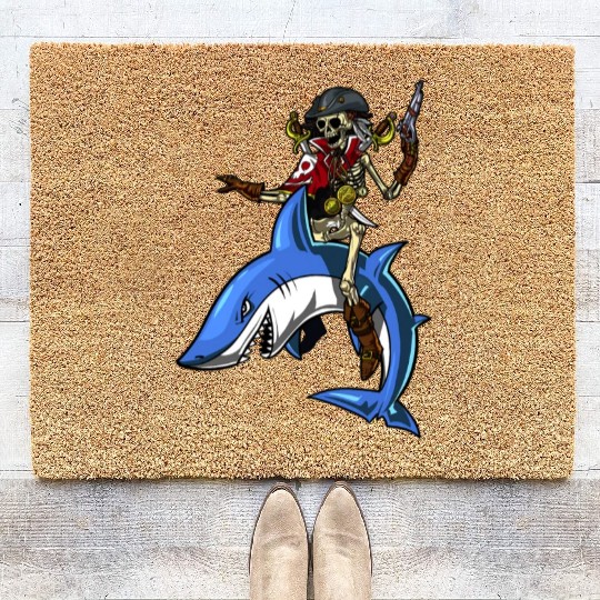 Skeleton Pirate Sailor Riding Shark Ocean Fantasy Coir Doormats