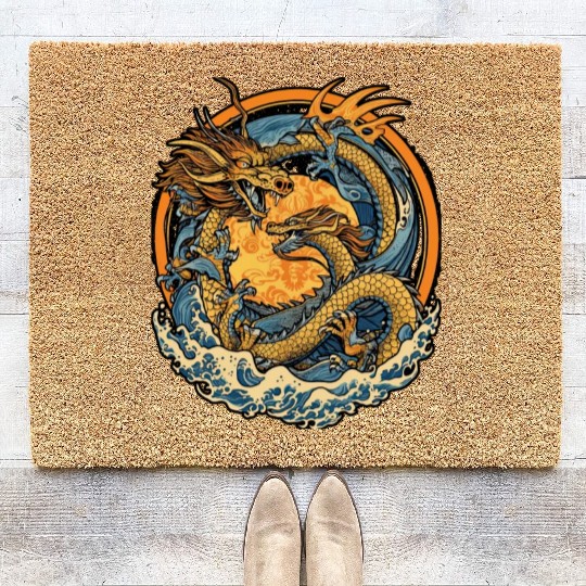 Vintage Japanese Dragon Sun Tattoo Design 1 Coir Doormats