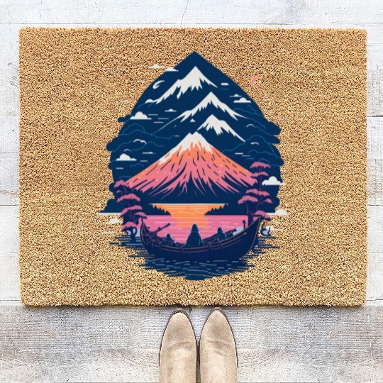 Serene Mount Fuji Sunset Peaceful River Scenery Coir Doormats