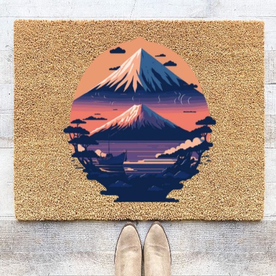 Serene Mount Fuji Sunset Peaceful River Scenery Coir Doormats