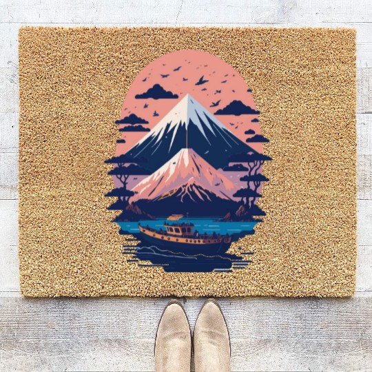 Serene Mount Fuji Sunset Peaceful River Scenery Coir Doormats
