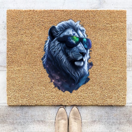 Silver Lion in Space: The Coolest Cat with Shades Coir Doormats