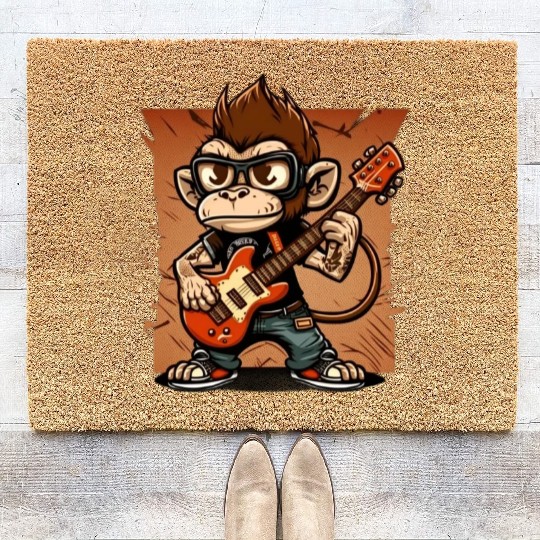 Monkey Chimpanzee Playing Acousitc Rock Guitar Coir Doormats