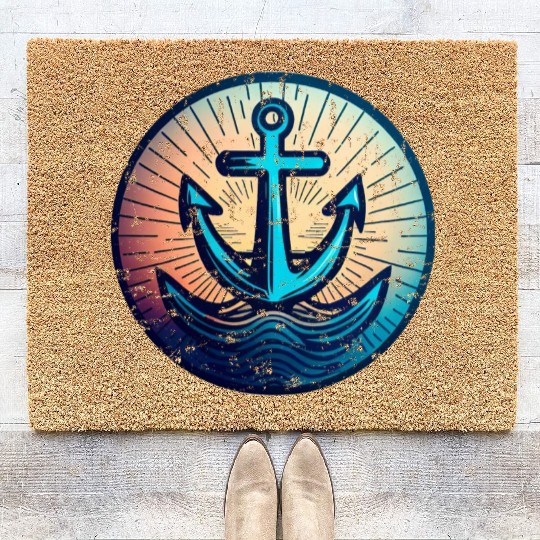 Sailing Motor Boat Anchor Around Sunset Coir Doormats