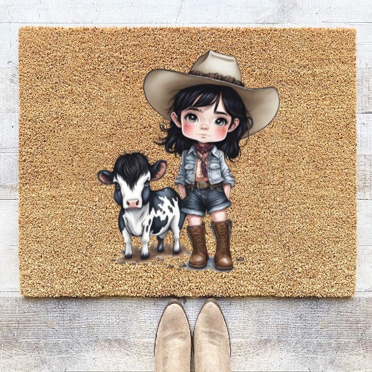 Cowgirl with Cow Coir Doormats