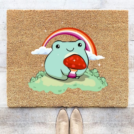 Lesbian Pride Flag Cute Frog Mushroom Subtle LGBTQ Coir Doormats