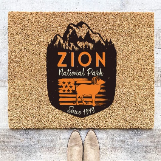 Zion National Park Us Flag Bighorn Sheep Mountains Coir Doormats